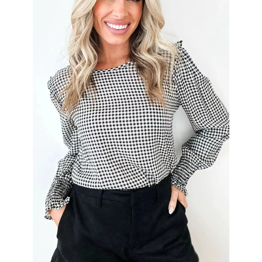 Plaid Shirred Cuff Long Sleeve Round Neck Blouse Black / S Apparel and Accessories