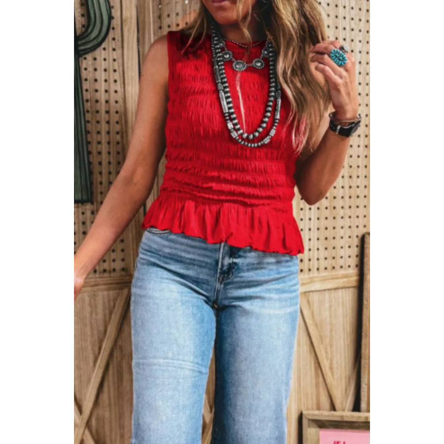 Plaid Shirred Ruffle Trim Tank Top Apparel and Accessories