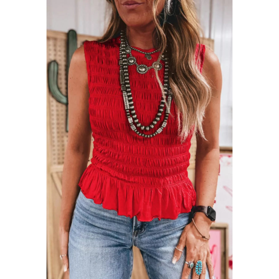 Plaid Shirred Ruffle Trim Tank Top Deep Red / M Apparel and Accessories