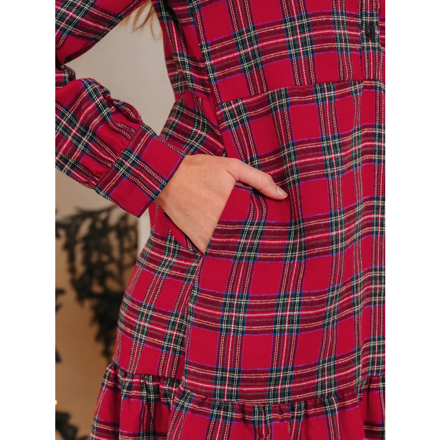 Plaid Shirt Collar Half Button Ruffle Hem Long Sleeve Mini Dress Apparel and Accessories
