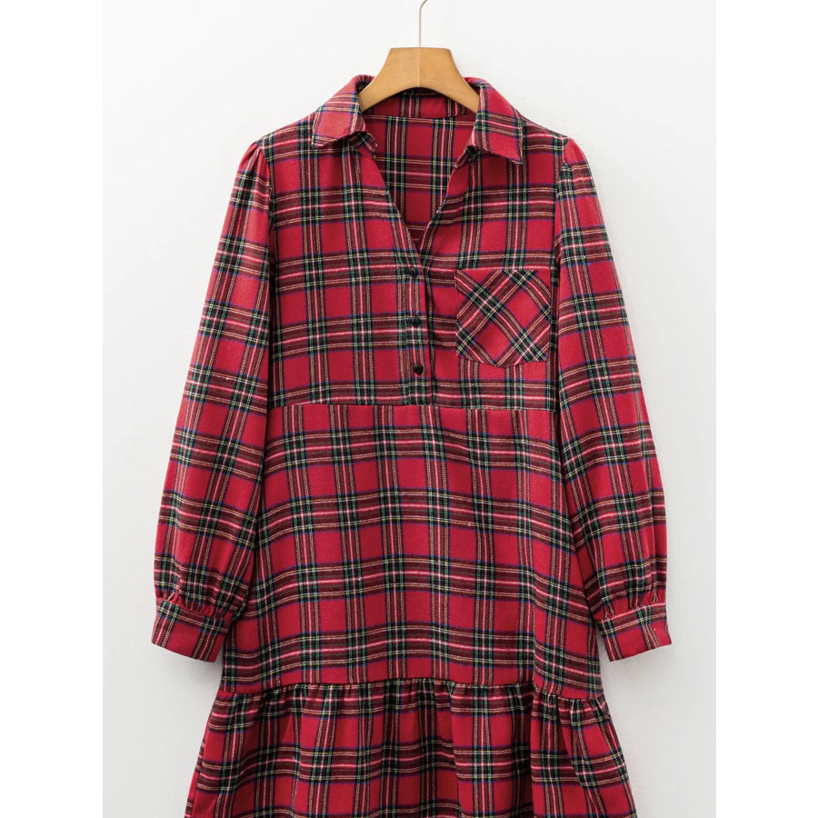Plaid Shirt Collar Half Button Ruffle Hem Long Sleeve Mini Dress Apparel and Accessories