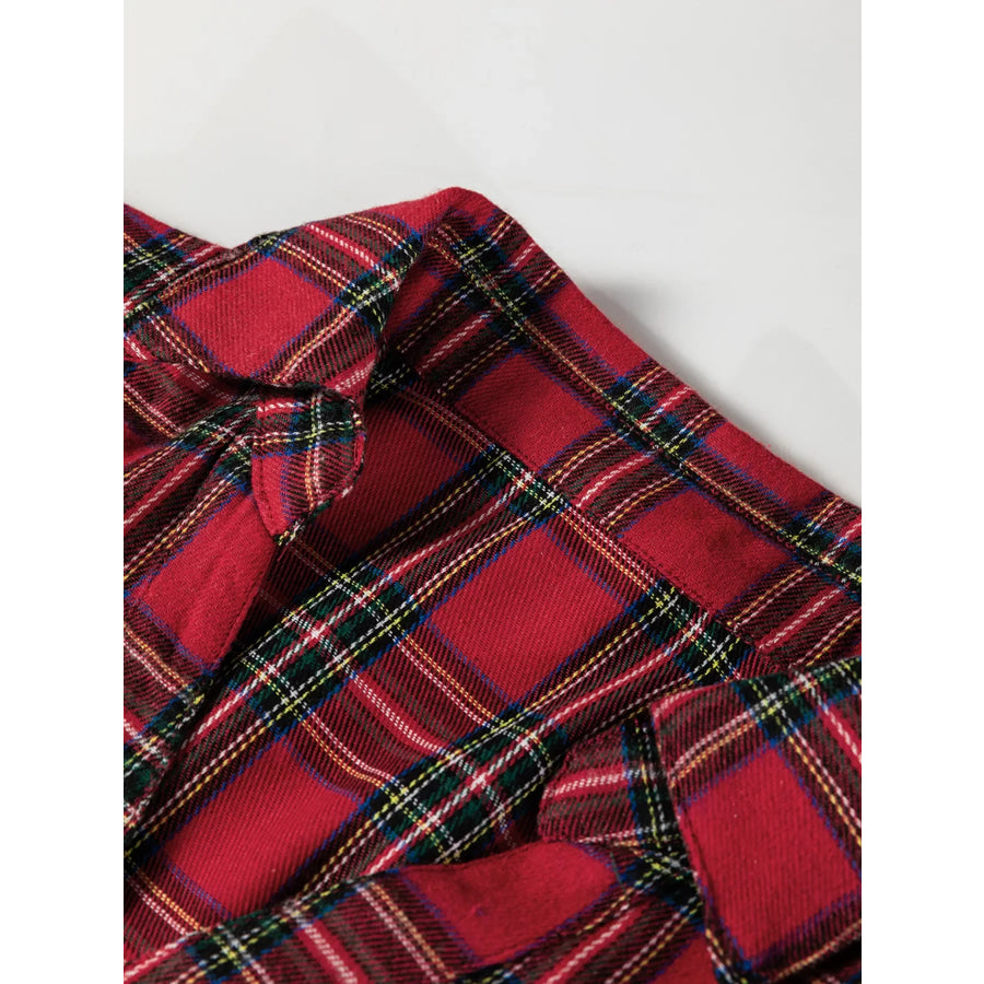Plaid Shirt Collar Half Button Ruffle Hem Long Sleeve Mini Dress Apparel and Accessories