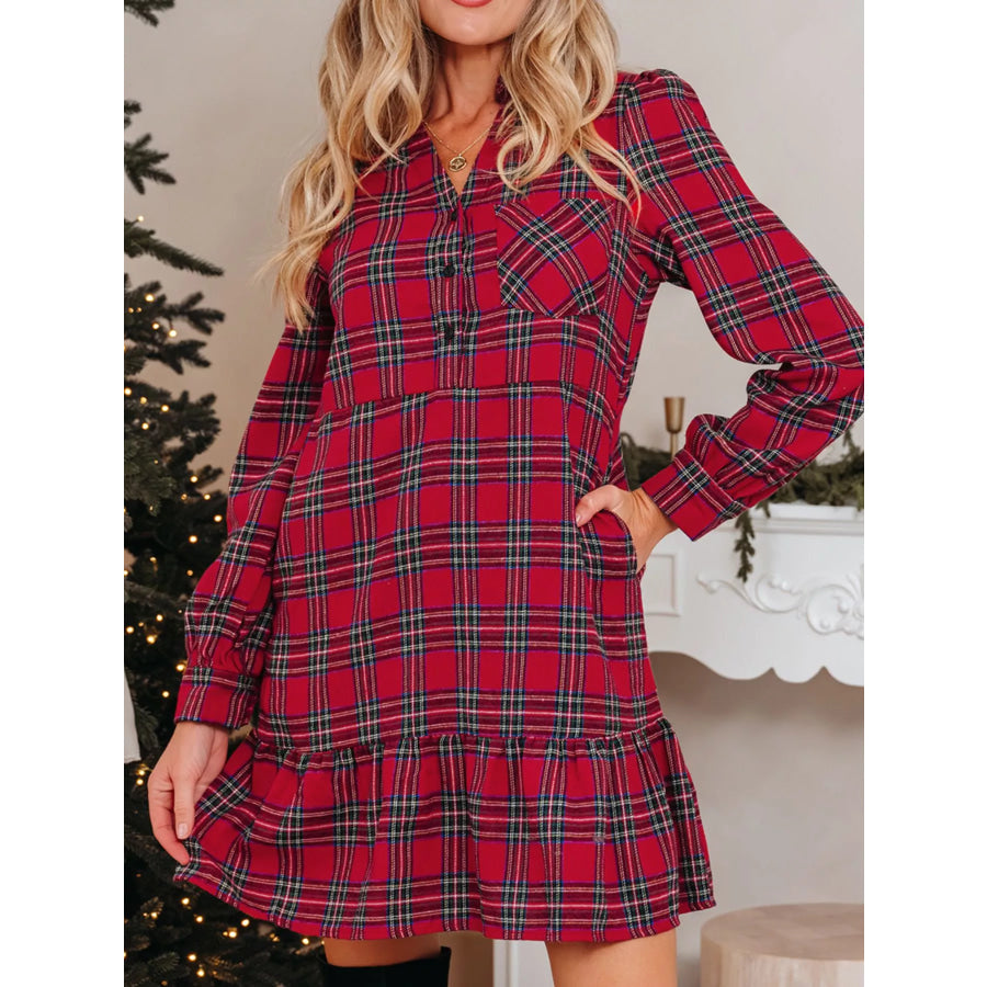 Plaid Shirt Collar Half Button Ruffle Hem Long Sleeve Mini Dress Apparel and Accessories