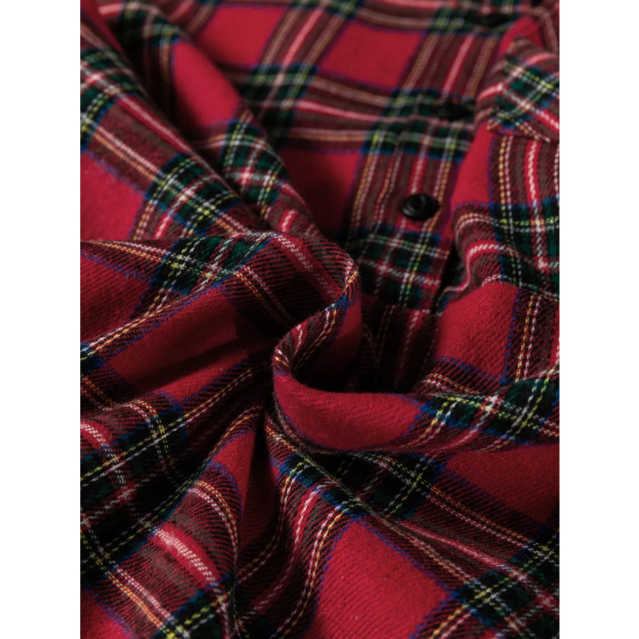 Plaid Shirt Collar Half Button Ruffle Hem Long Sleeve Mini Dress Apparel and Accessories