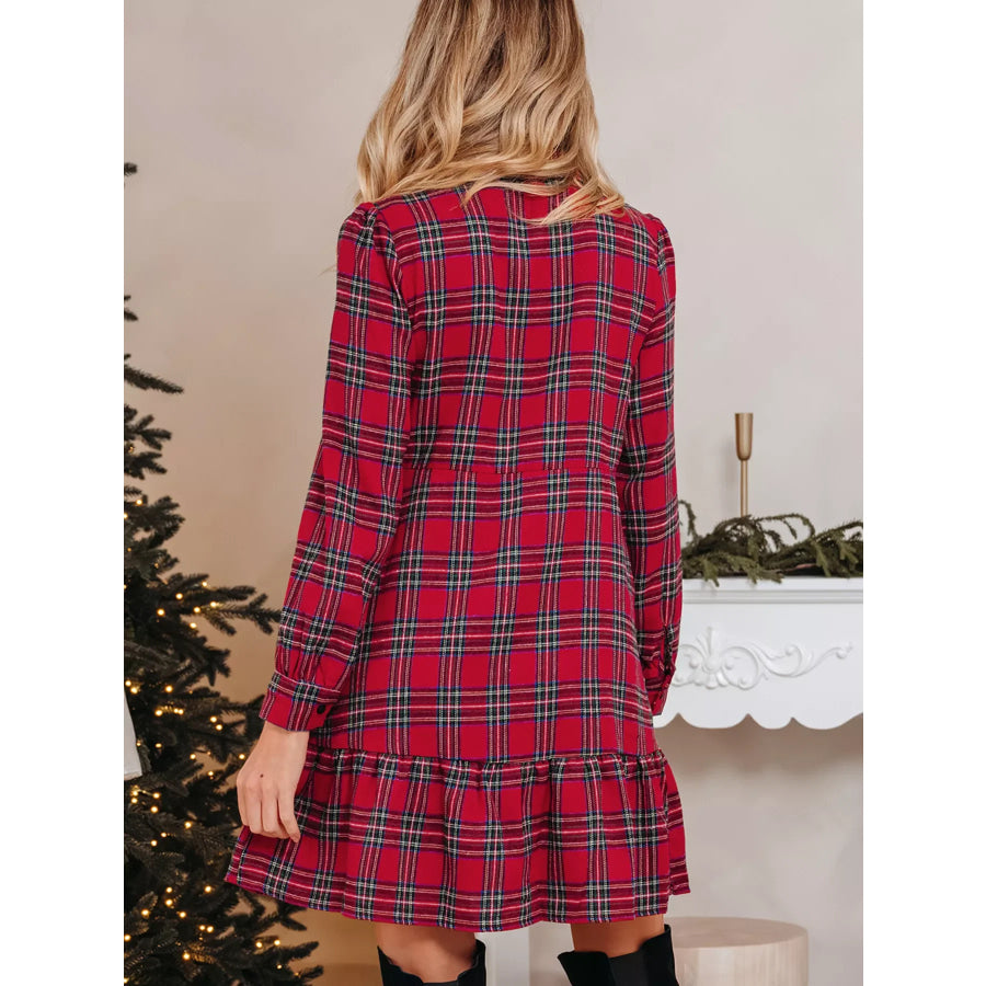 Plaid Shirt Collar Half Button Ruffle Hem Long Sleeve Mini Dress Apparel and Accessories
