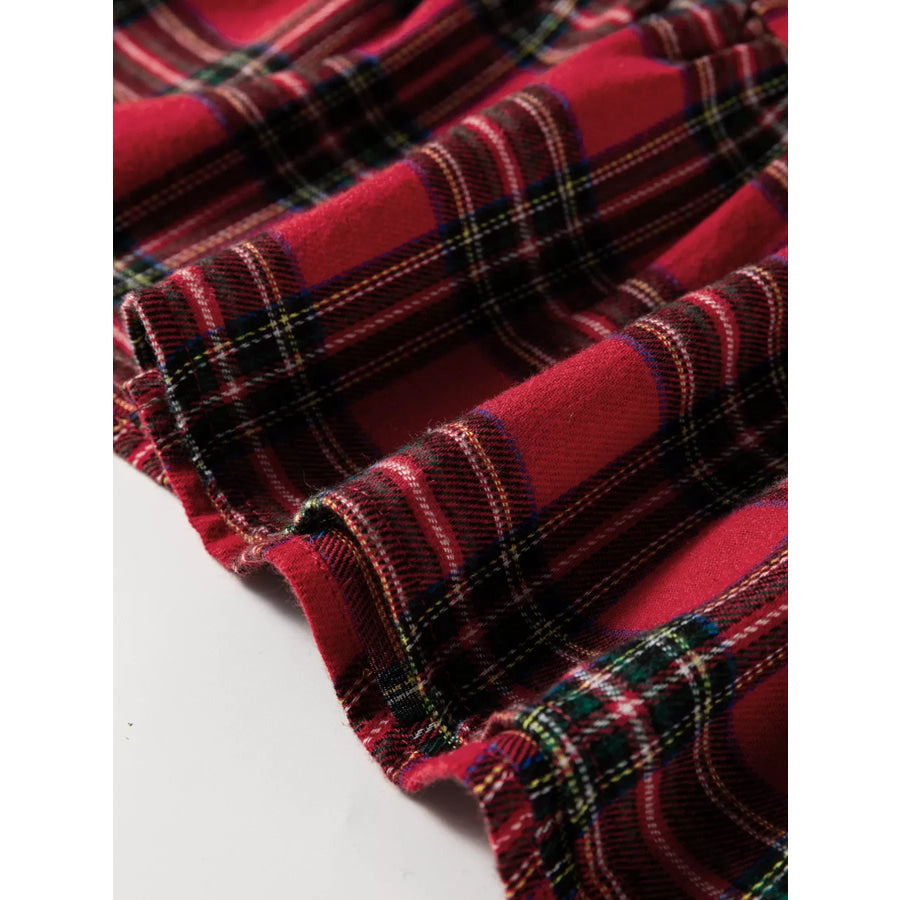 Plaid Shirt Collar Half Button Ruffle Hem Long Sleeve Mini Dress Apparel and Accessories