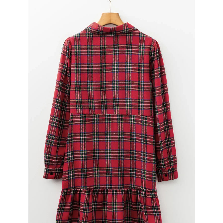 Plaid Shirt Collar Half Button Ruffle Hem Long Sleeve Mini Dress Apparel and Accessories