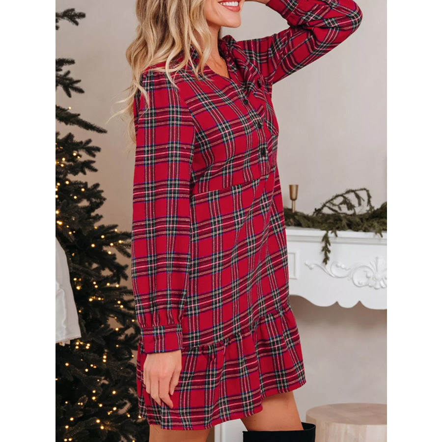 Plaid Shirt Collar Half Button Ruffle Hem Long Sleeve Mini Dress Apparel and Accessories