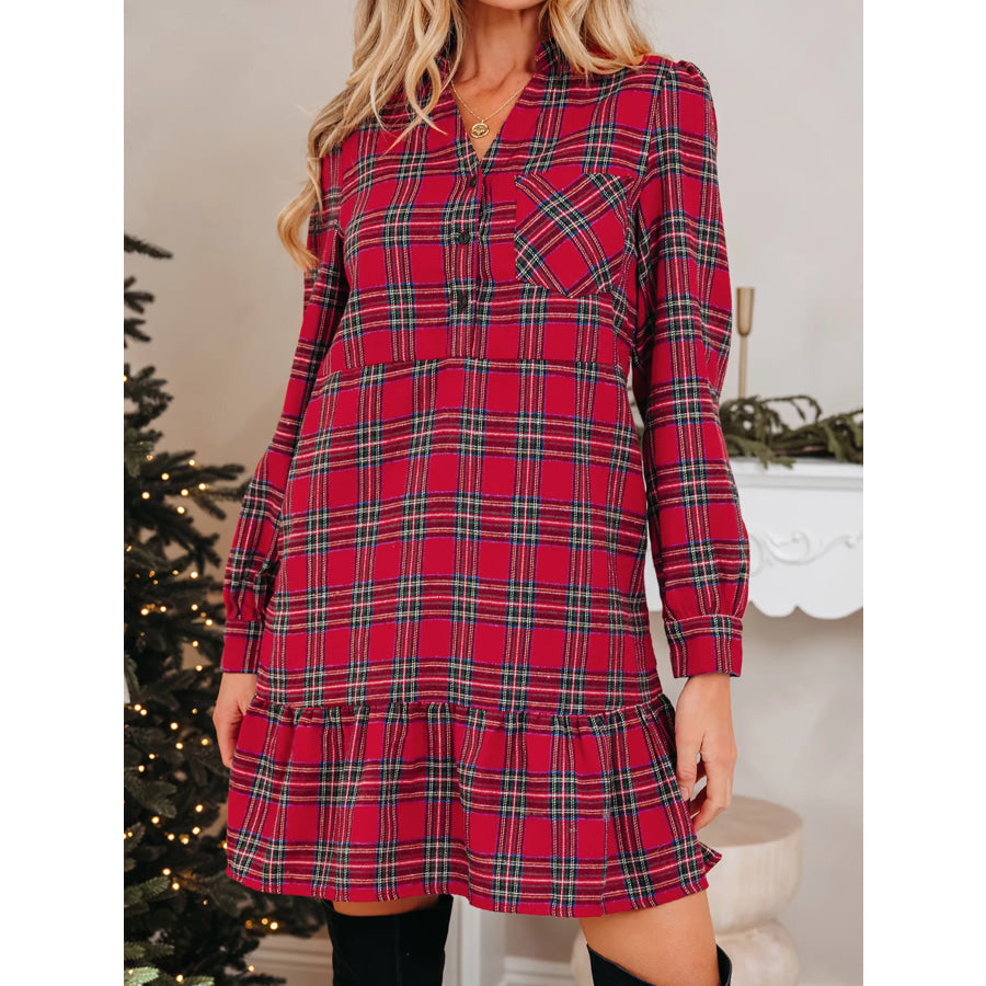 Plaid Shirt Collar Half Button Ruffle Hem Long Sleeve Mini Dress Burgundy / S Apparel and Accessories