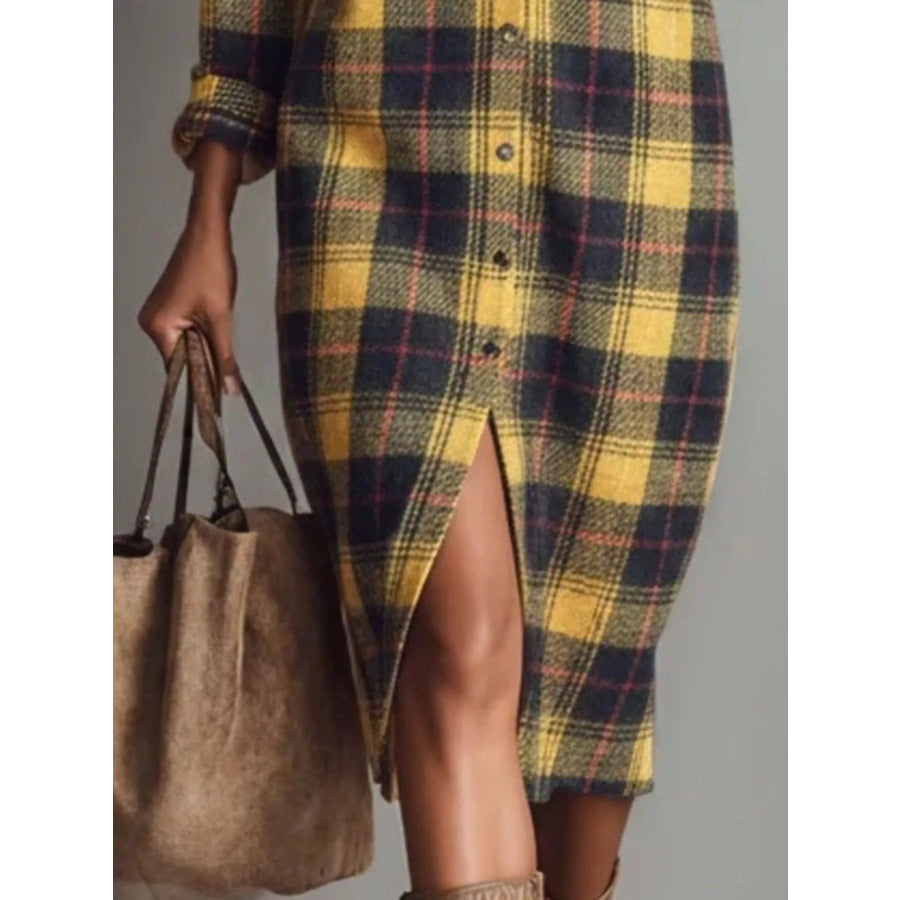 Plaid Shirt Dress with Side Slit Apparel and Accessories