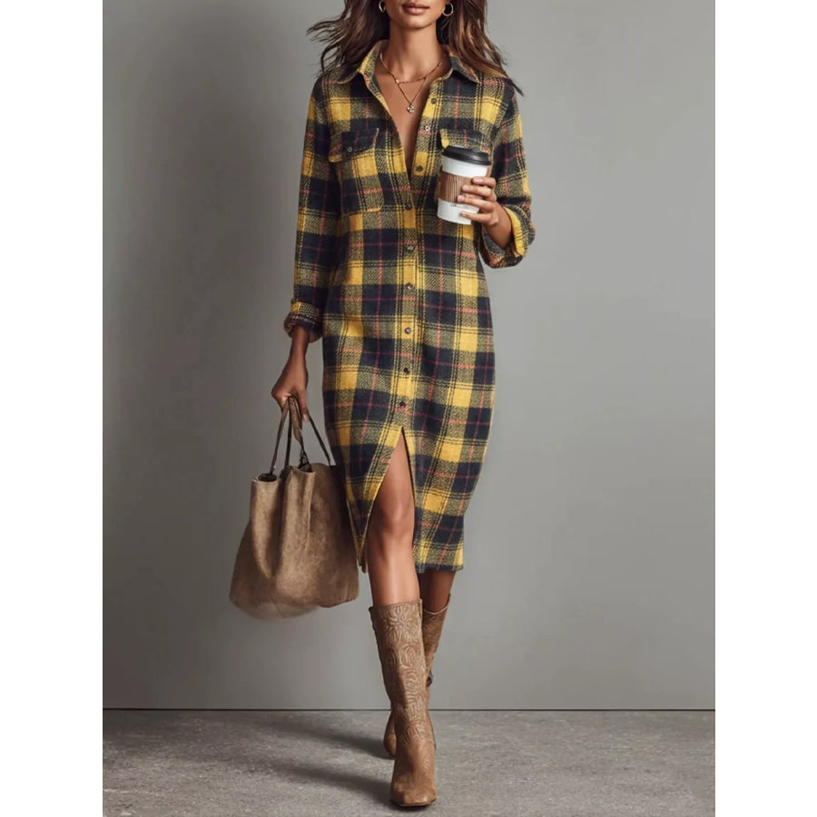 Plaid Shirt Dress with Side Slit Yellow / S Apparel and Accessories