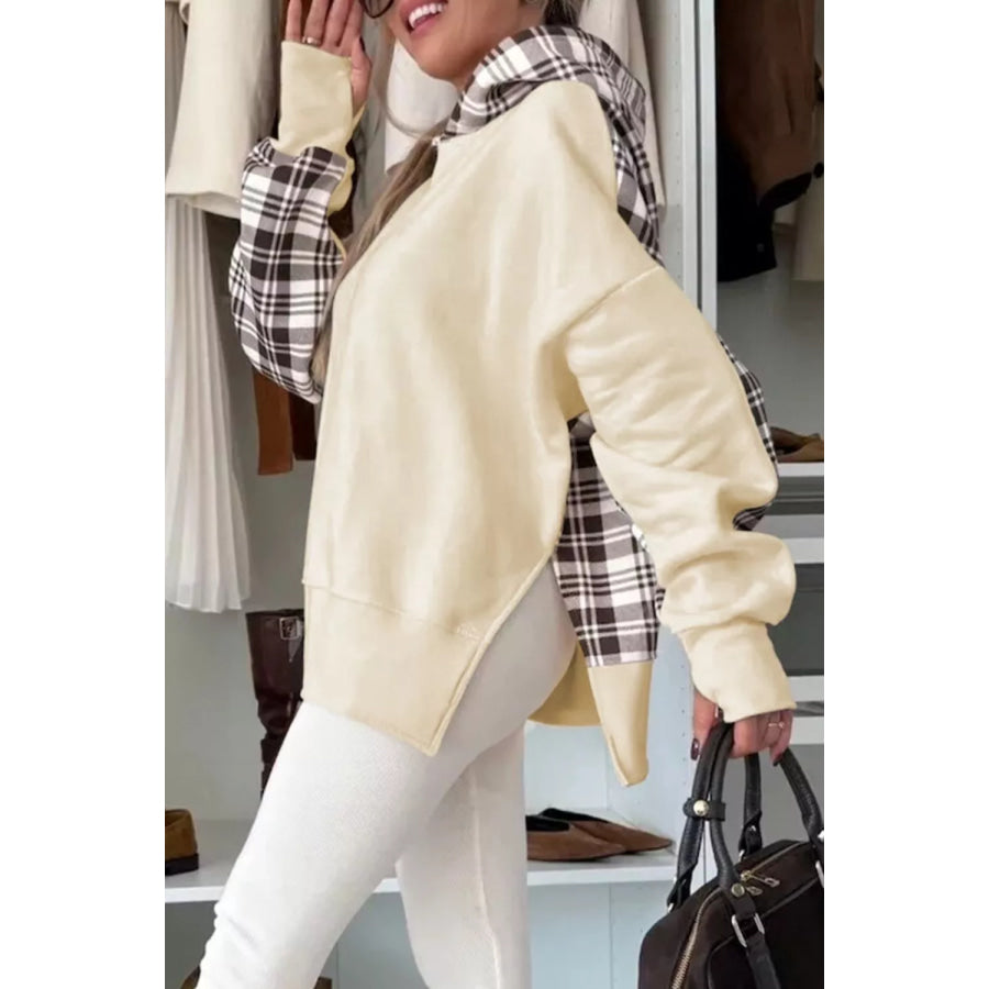 Plaid Side Slit Long Sleeve Hoodie Apparel and Accessories
