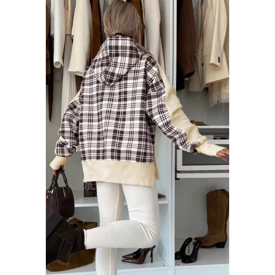 Plaid Side Slit Long Sleeve Hoodie Apparel and Accessories