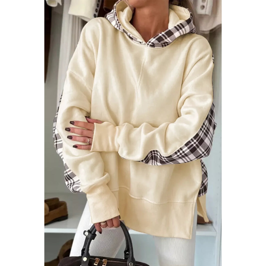 Plaid Side Slit Long Sleeve Hoodie Beige / S Apparel and Accessories