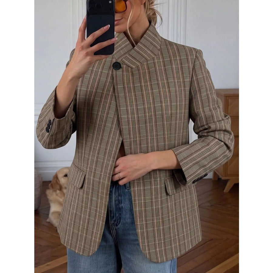 Plaid Single-Button Blazer Mocha / S Apparel and Accessories