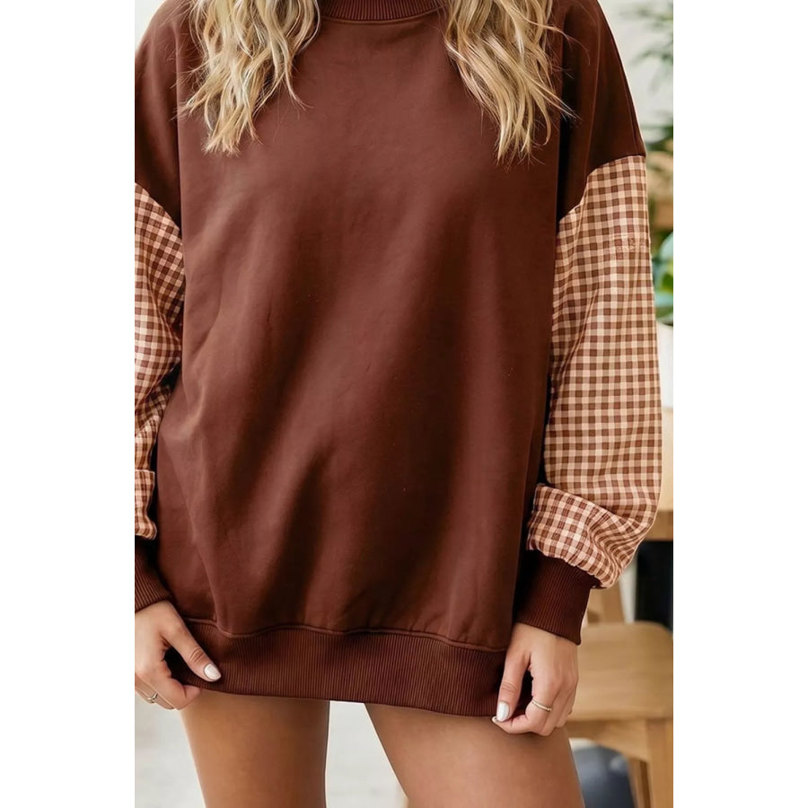 Plaid Sleeve Colorblock Loose Tunic Sweatshirt Apparel and Accessories
