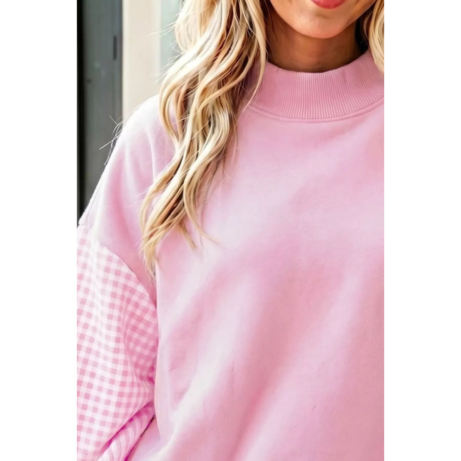 Plaid Sleeve Colorblock Loose Tunic Sweatshirt Apparel and Accessories