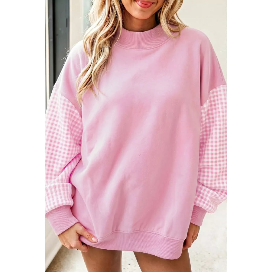 Plaid Sleeve Colorblock Loose Tunic Sweatshirt Blush Pink / S Apparel and Accessories