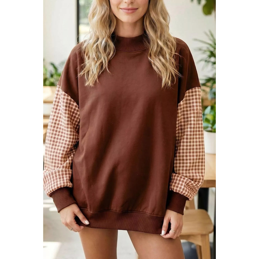 Plaid Sleeve Colorblock Loose Tunic Sweatshirt Dark Brown / S Apparel and Accessories