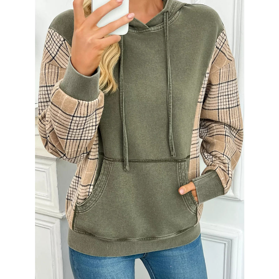 Plaid Sleeve Drawstring Pocket Hoodie Apparel and Accessories