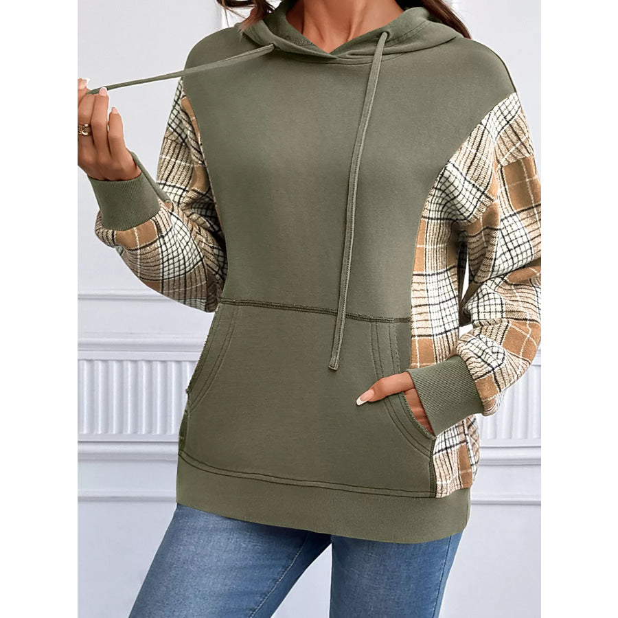 Plaid Sleeve Drawstring Pocket Hoodie Apparel and Accessories