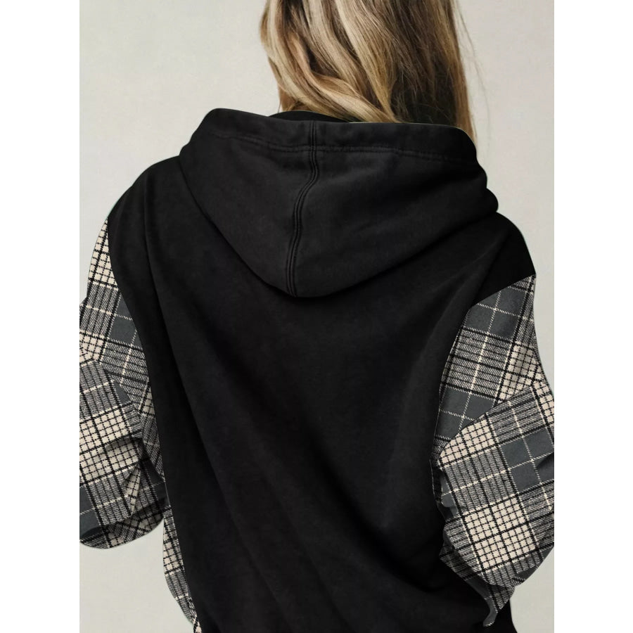 Plaid Sleeve Drawstring Pocket Hoodie Apparel and Accessories