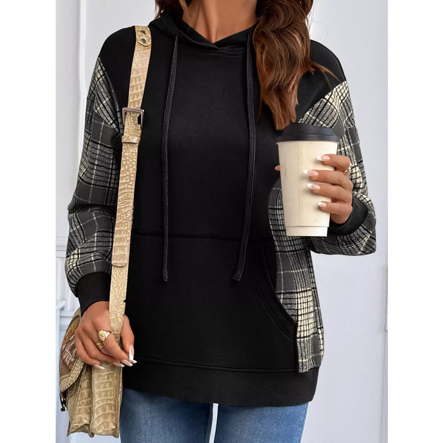 Plaid Sleeve Drawstring Pocket Hoodie Apparel and Accessories
