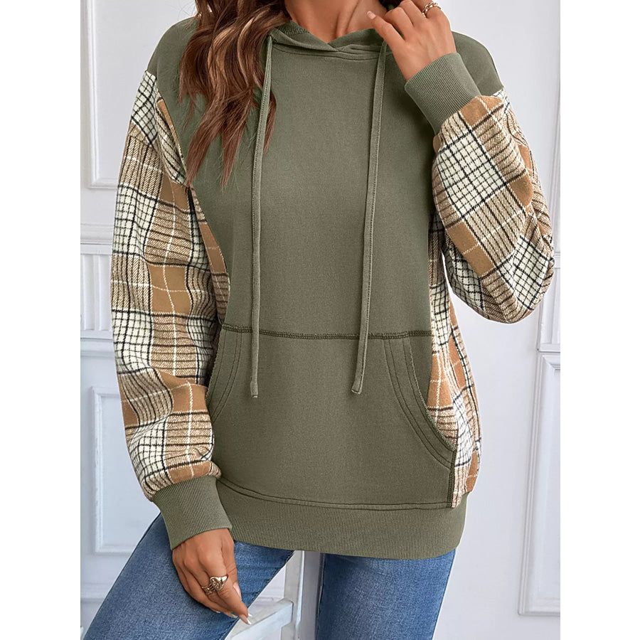 Plaid Sleeve Drawstring Pocket Hoodie Apparel and Accessories