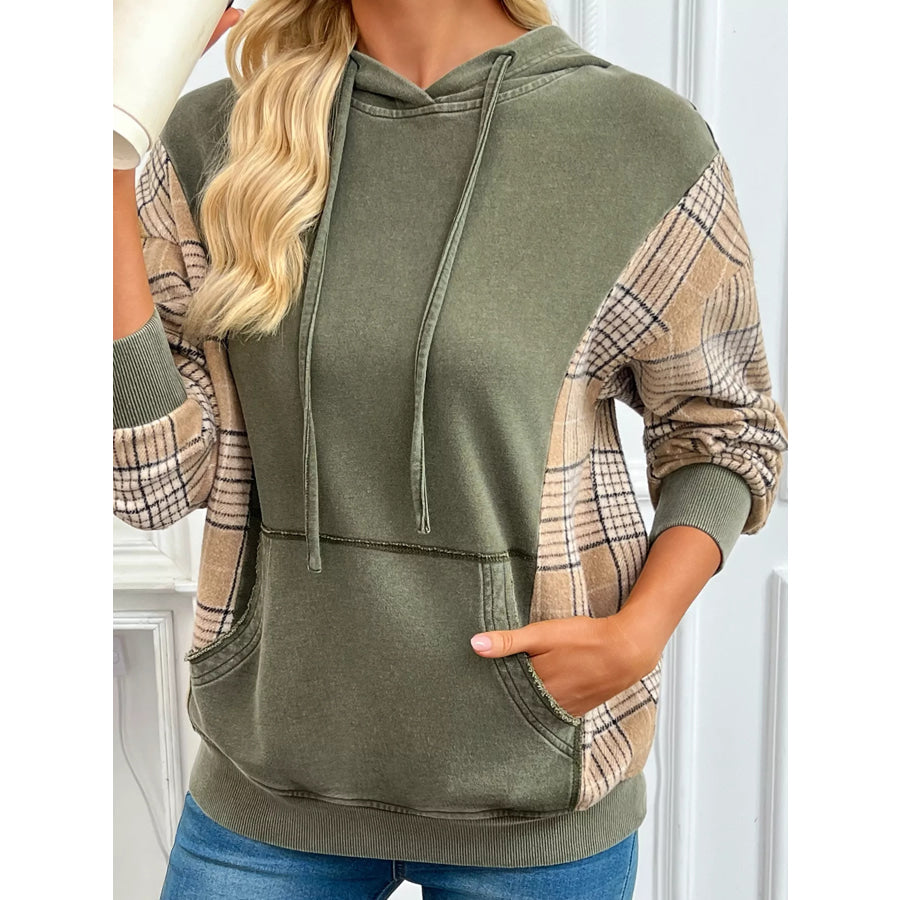 Plaid Sleeve Drawstring Pocket Hoodie Apparel and Accessories