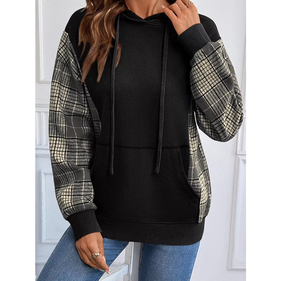 Plaid Sleeve Drawstring Pocket Hoodie Apparel and Accessories