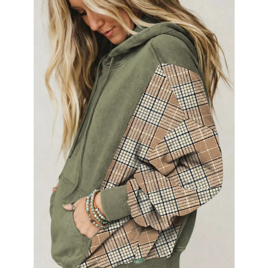 Plaid Sleeve Drawstring Pocket Hoodie Apparel and Accessories