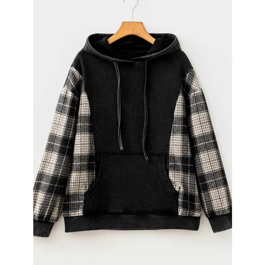 Plaid Sleeve Drawstring Pocket Hoodie Apparel and Accessories