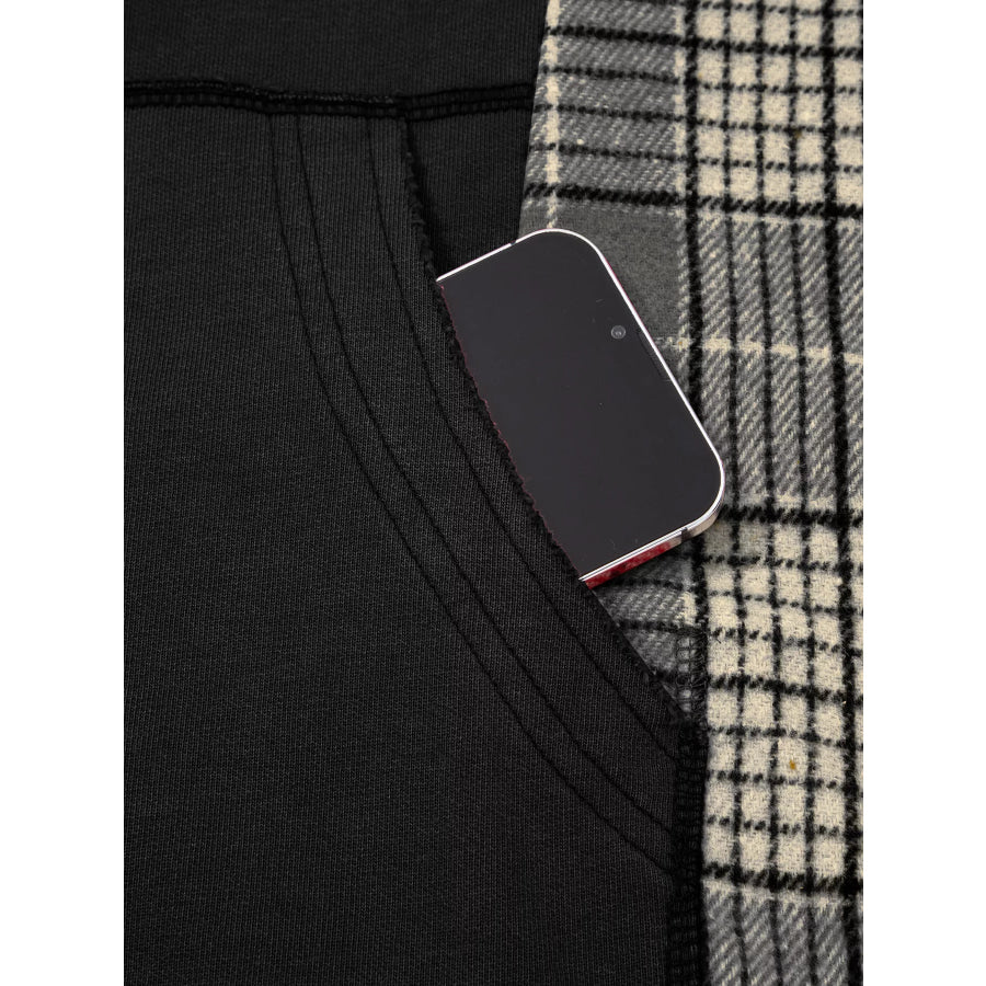 Plaid Sleeve Drawstring Pocket Hoodie Apparel and Accessories