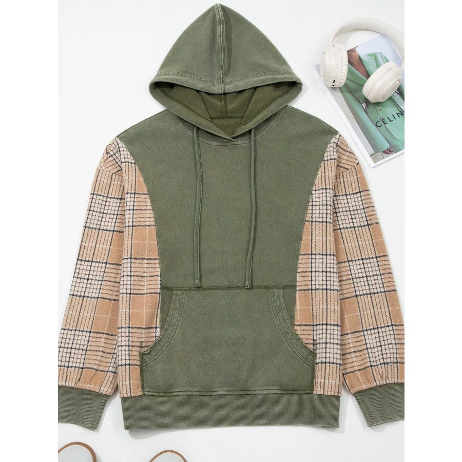 Plaid Sleeve Drawstring Pocket Hoodie Apparel and Accessories