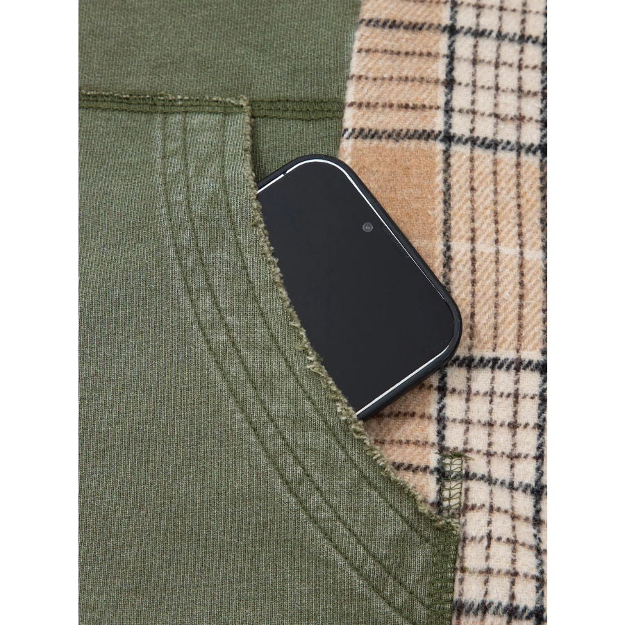 Plaid Sleeve Drawstring Pocket Hoodie Apparel and Accessories