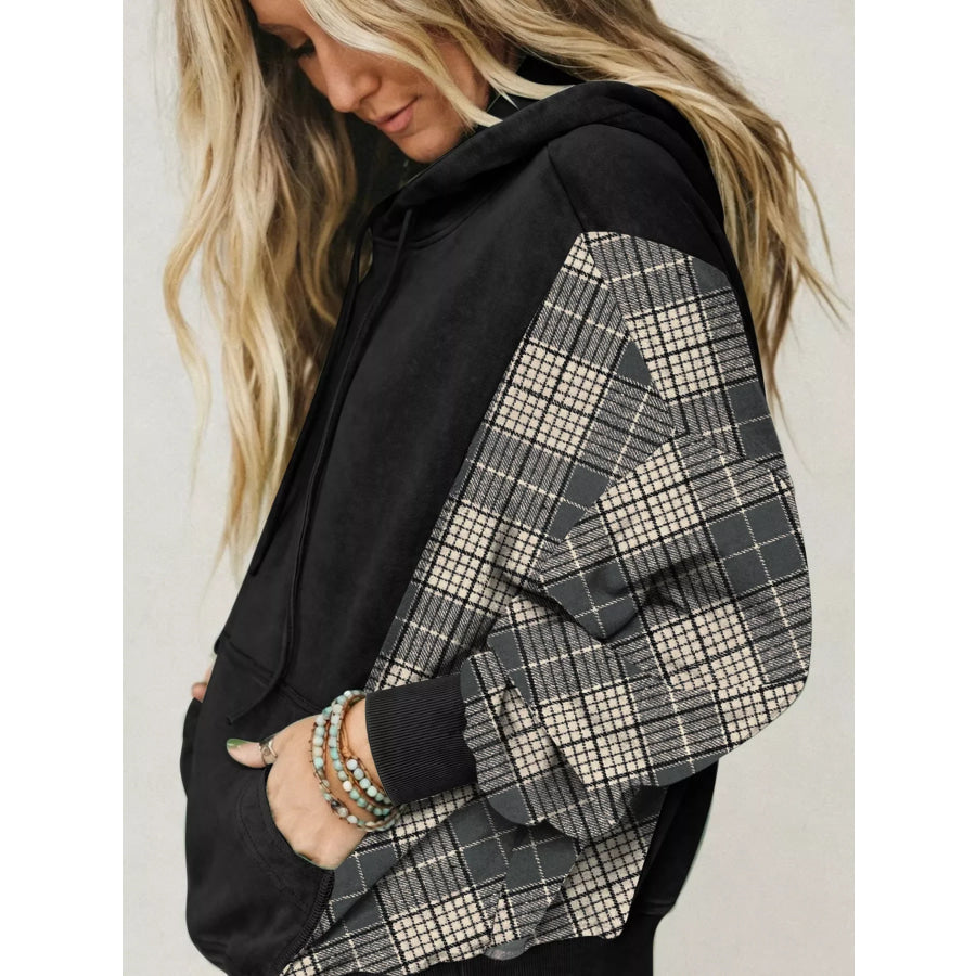 Plaid Sleeve Drawstring Pocket Hoodie Apparel and Accessories