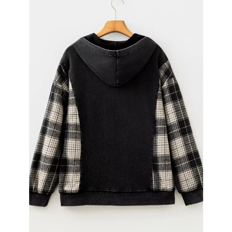 Plaid Sleeve Drawstring Pocket Hoodie Apparel and Accessories