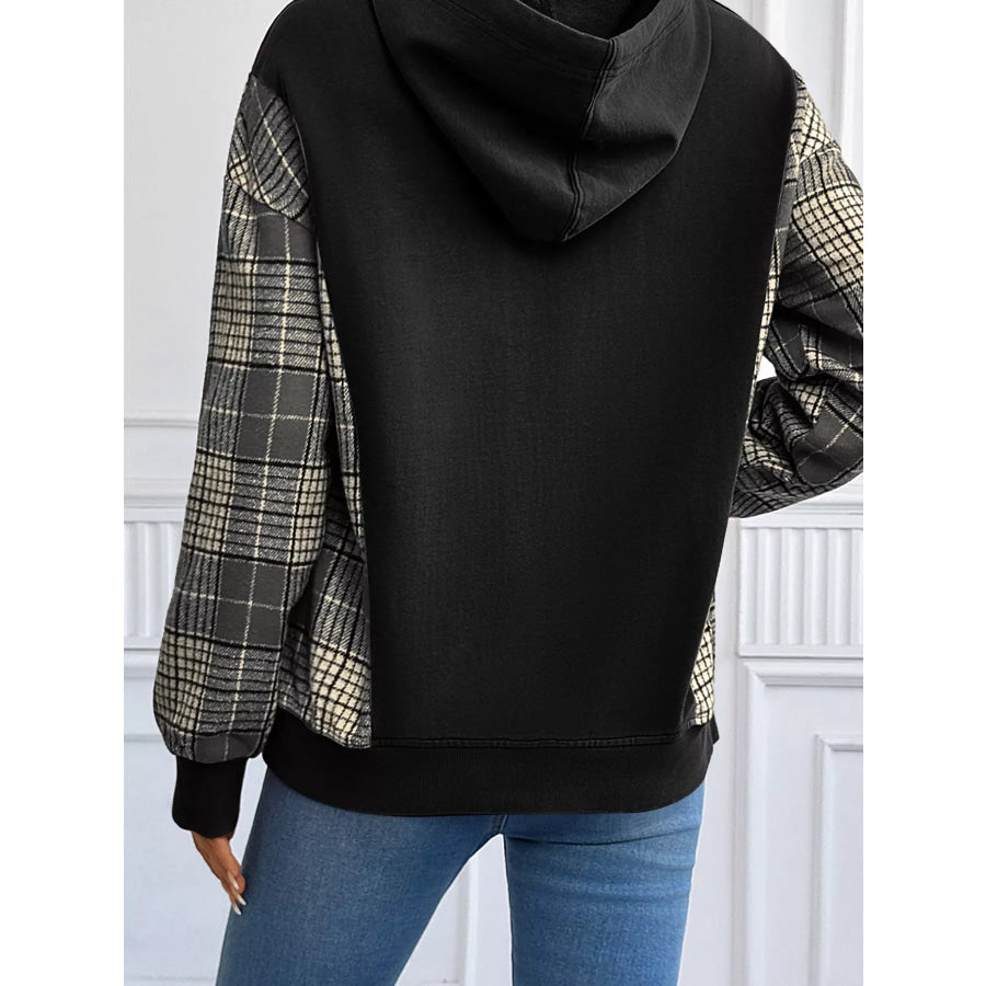 Plaid Sleeve Drawstring Pocket Hoodie Apparel and Accessories