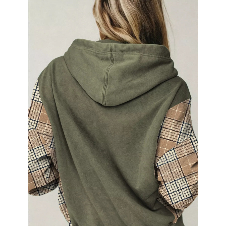 Plaid Sleeve Drawstring Pocket Hoodie Apparel and Accessories