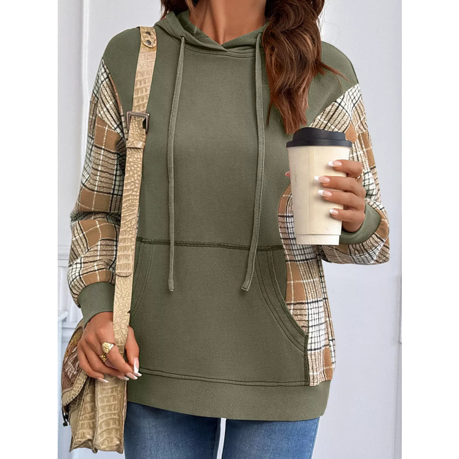 Plaid Sleeve Drawstring Pocket Hoodie Apparel and Accessories