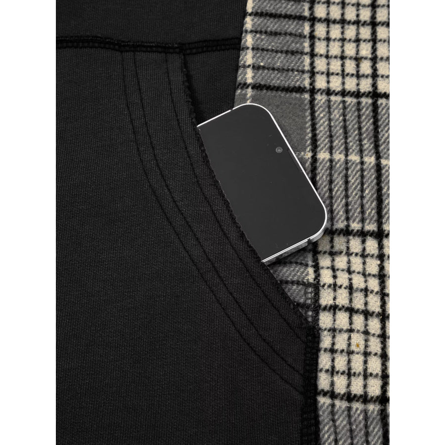 Plaid Sleeve Drawstring Pocket Hoodie Apparel and Accessories
