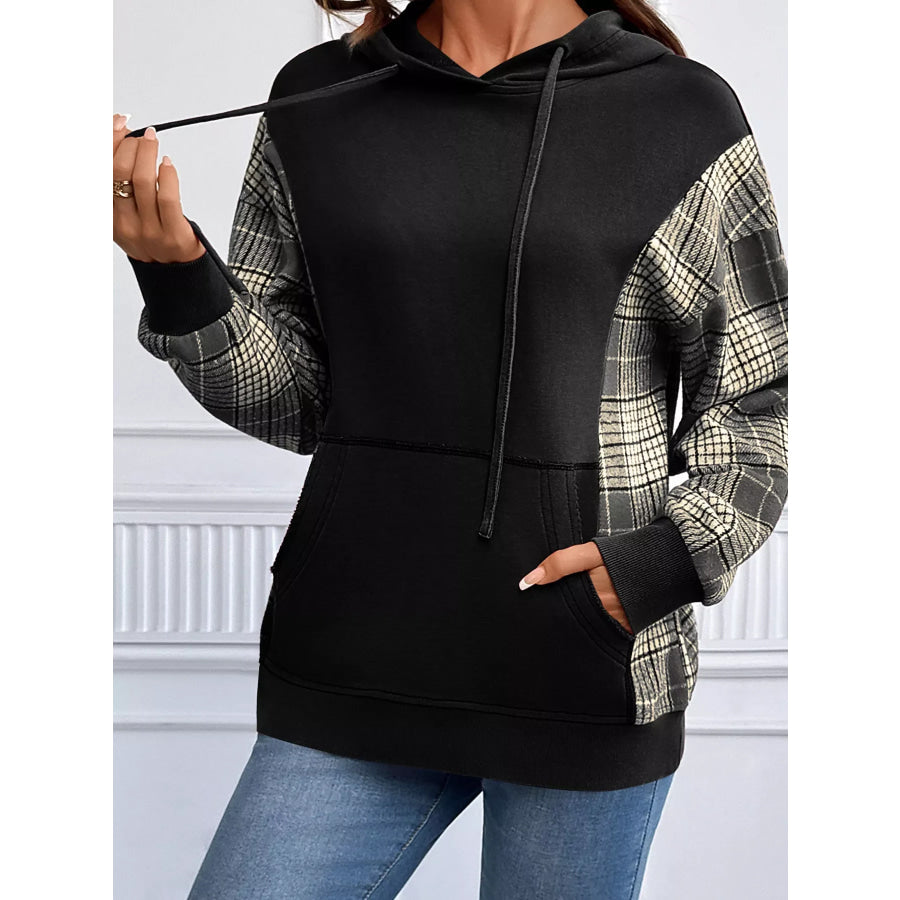 Plaid Sleeve Drawstring Pocket Hoodie Apparel and Accessories
