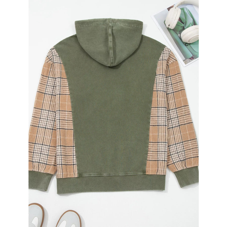 Plaid Sleeve Drawstring Pocket Hoodie Apparel and Accessories