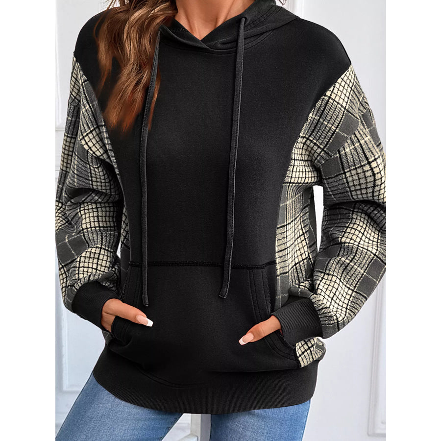 Plaid Sleeve Drawstring Pocket Hoodie Apparel and Accessories
