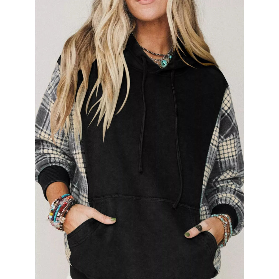 Plaid Sleeve Drawstring Pocket Hoodie Apparel and Accessories