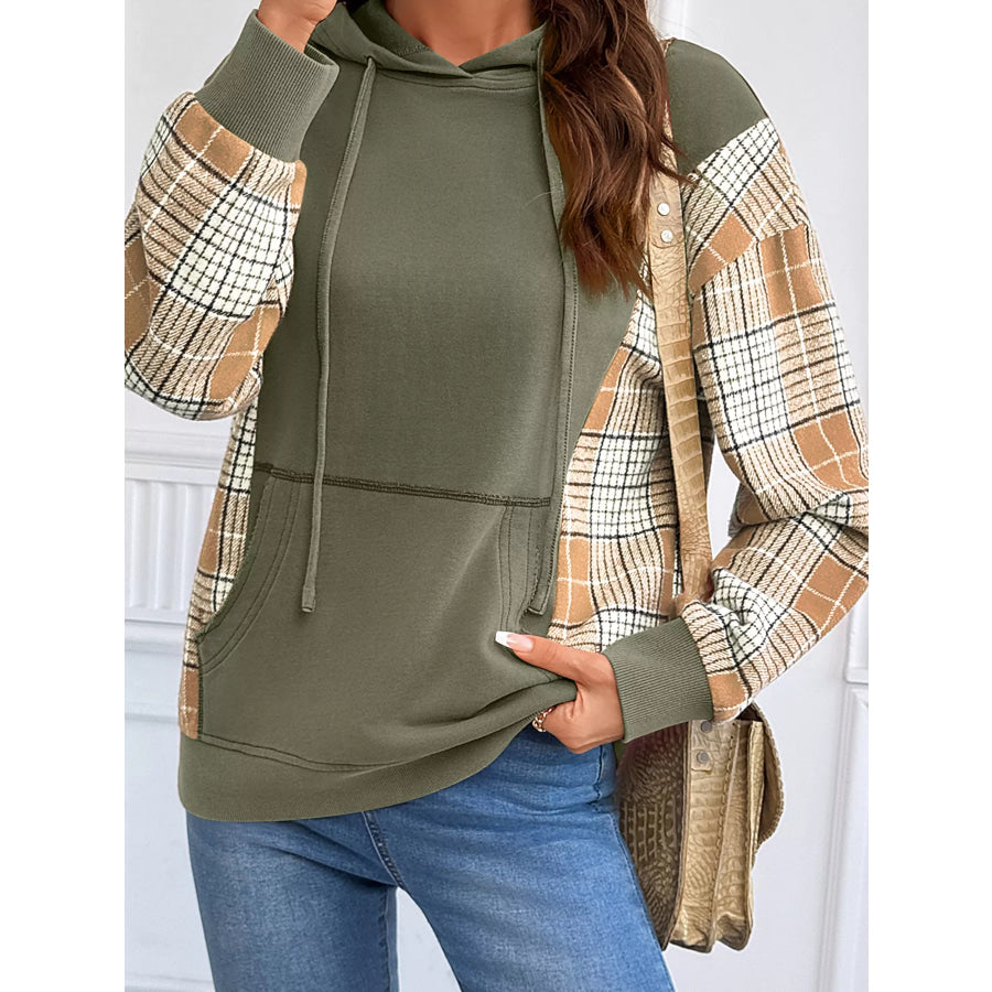 Plaid Sleeve Drawstring Pocket Hoodie Apparel and Accessories