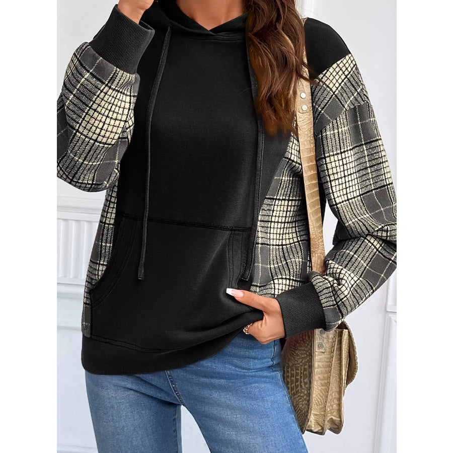 Plaid Sleeve Drawstring Pocket Hoodie Black / S Apparel and Accessories