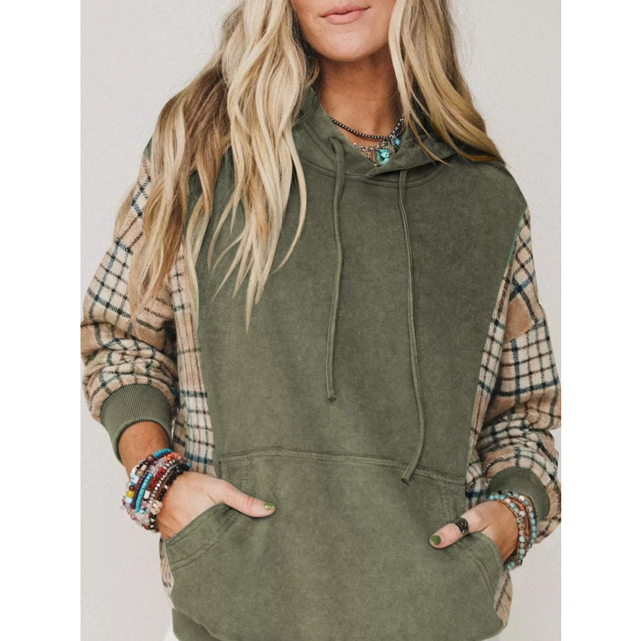 Plaid Sleeve Drawstring Pocket Hoodie Sage / S Apparel and Accessories