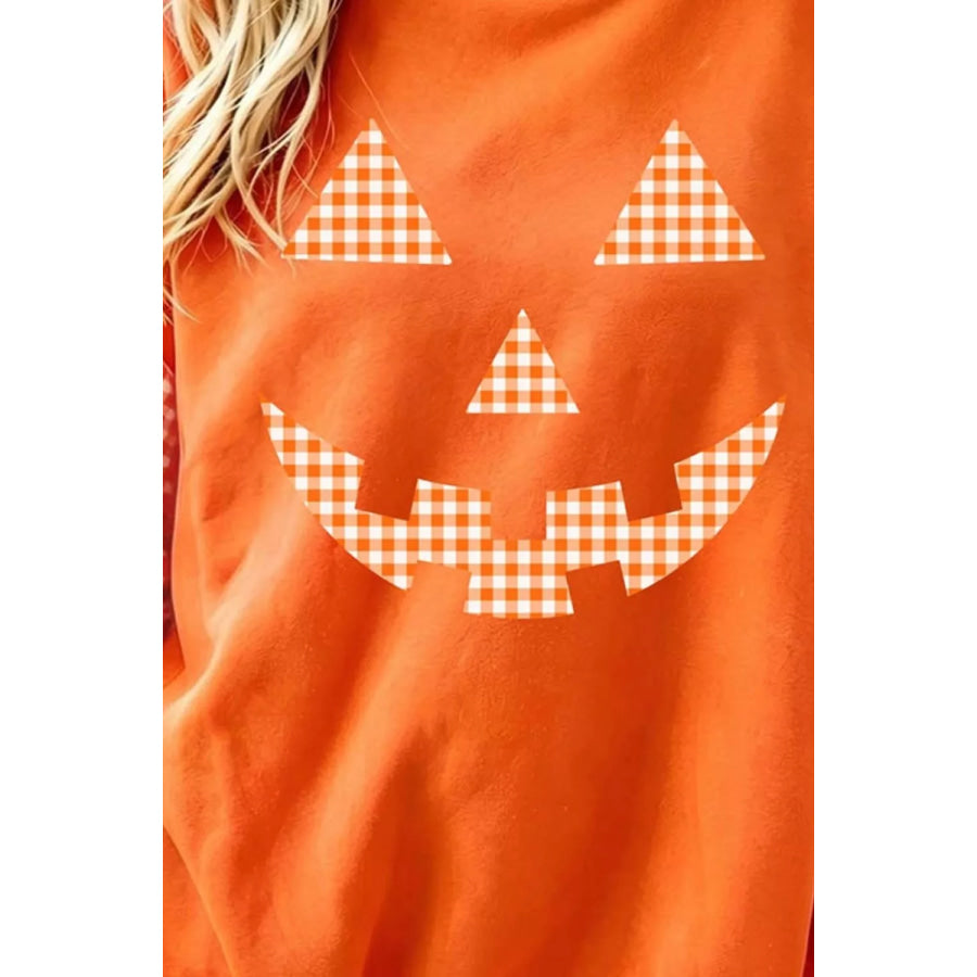 Plaid Sleeve Halloween Pumpkin Face Graphic Sweatshirt Apparel and Accessories