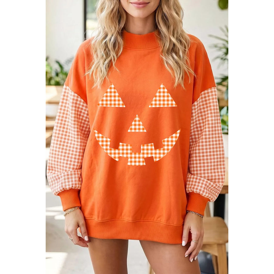 Plaid Sleeve Halloween Pumpkin Face Graphic Sweatshirt Apparel and Accessories